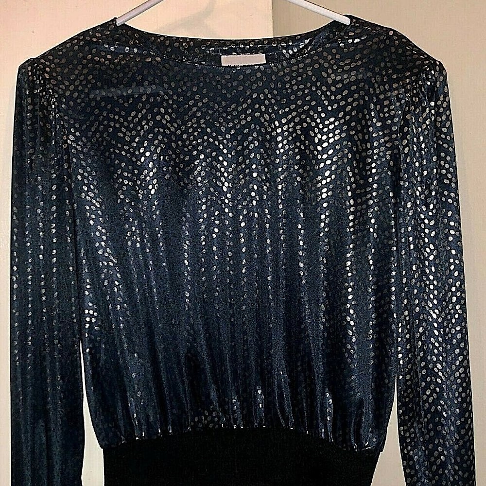 Vintage, Black & Gold Shimmer Blouse w Shoulder Pads & Cinch at Waist. French